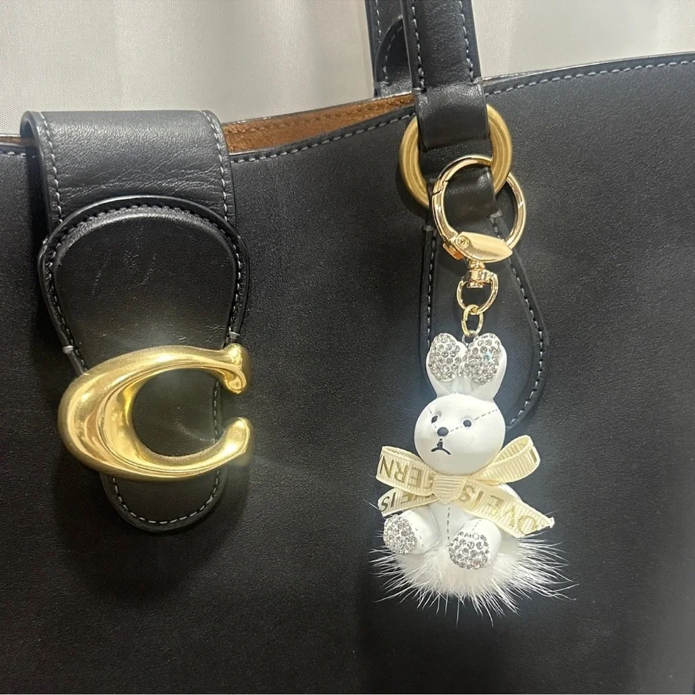 WHITE Bunny Pom Pom Keychain Bag Charm -